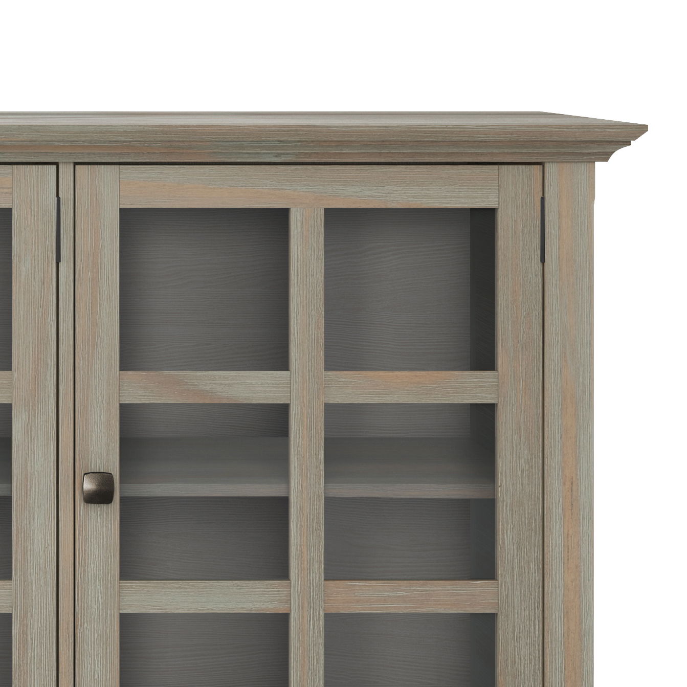 Acadian Wide Storage Cabinet handcrafted with glass-front doors in weathered oak finish on Tampa Home & Garden Store
