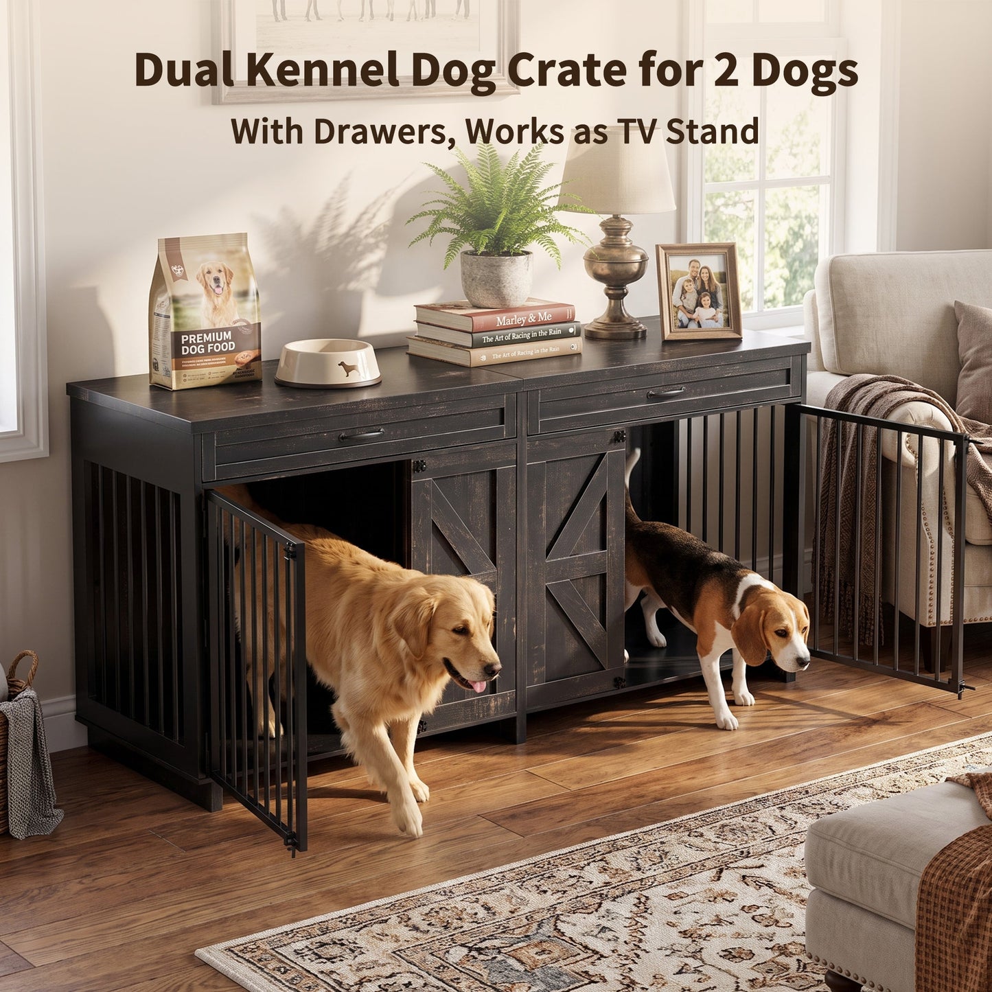 Dog Crate Furniture TV Stand by HouseOfZazla, dark wood with drawers, 2 dogs shown on Tampa Home & Garden Store