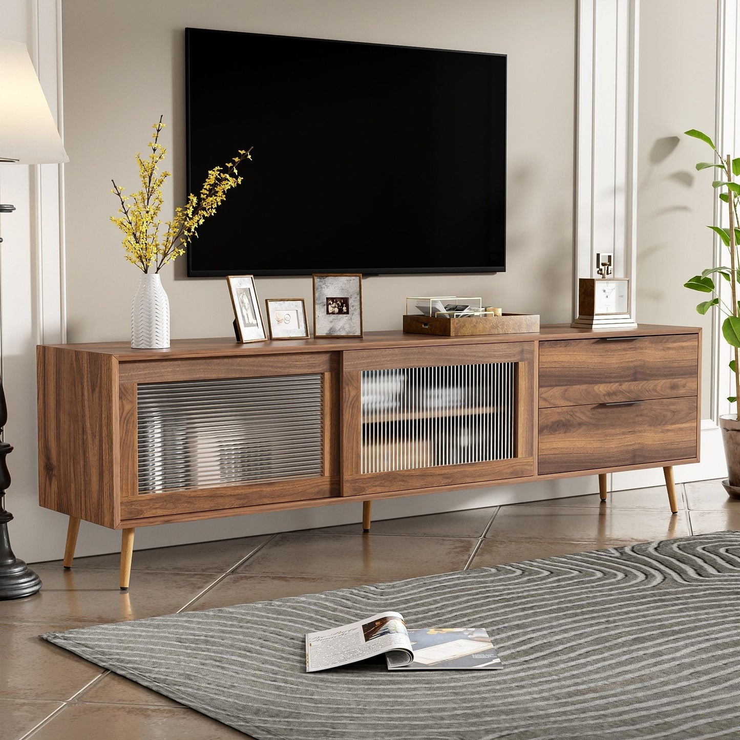 Walnut TV Console With Storage And Drawers