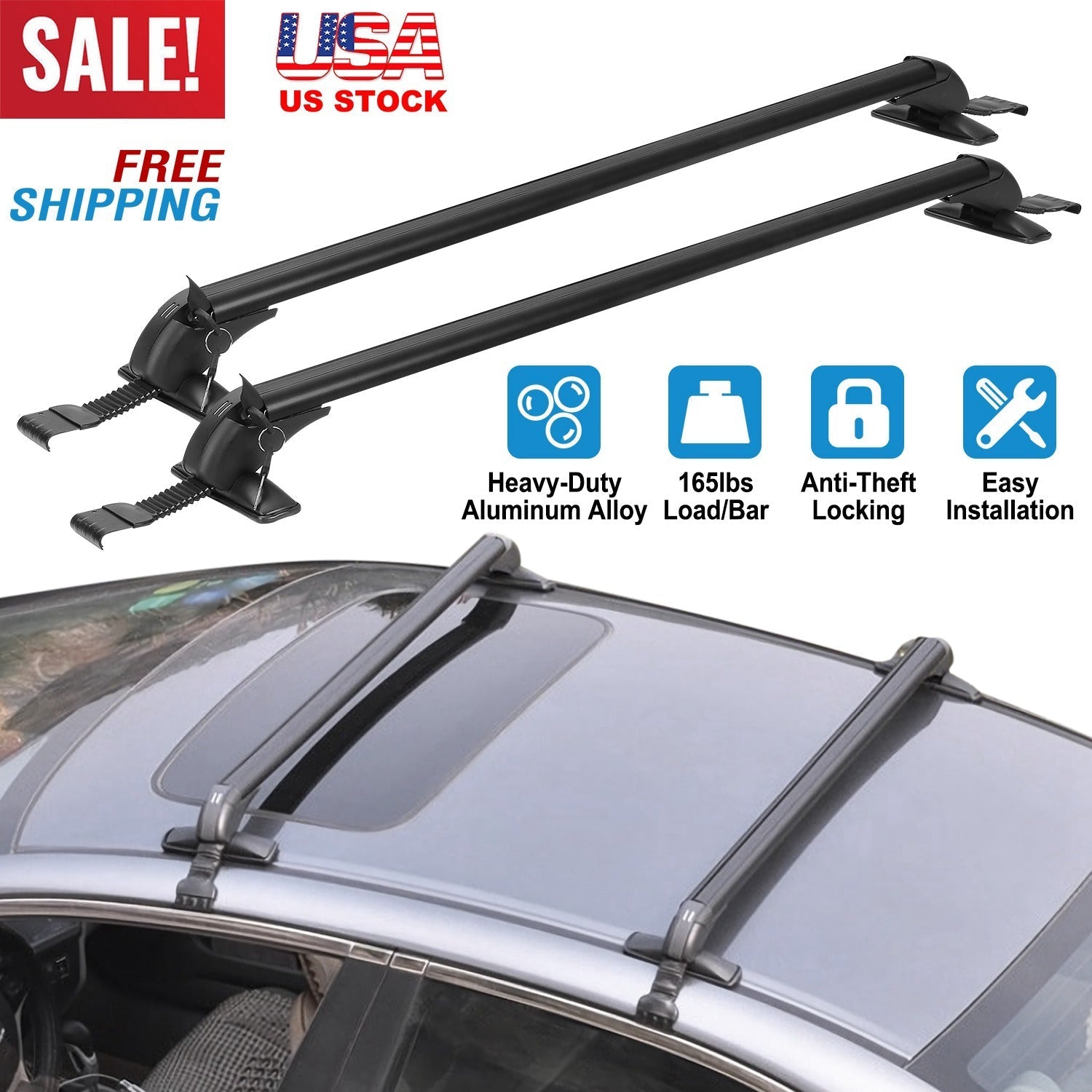 GemGear 2-Piece universal 110cm black roof rack cross bars with anti-theft locks on car roof on Tampa Home & Garden Store