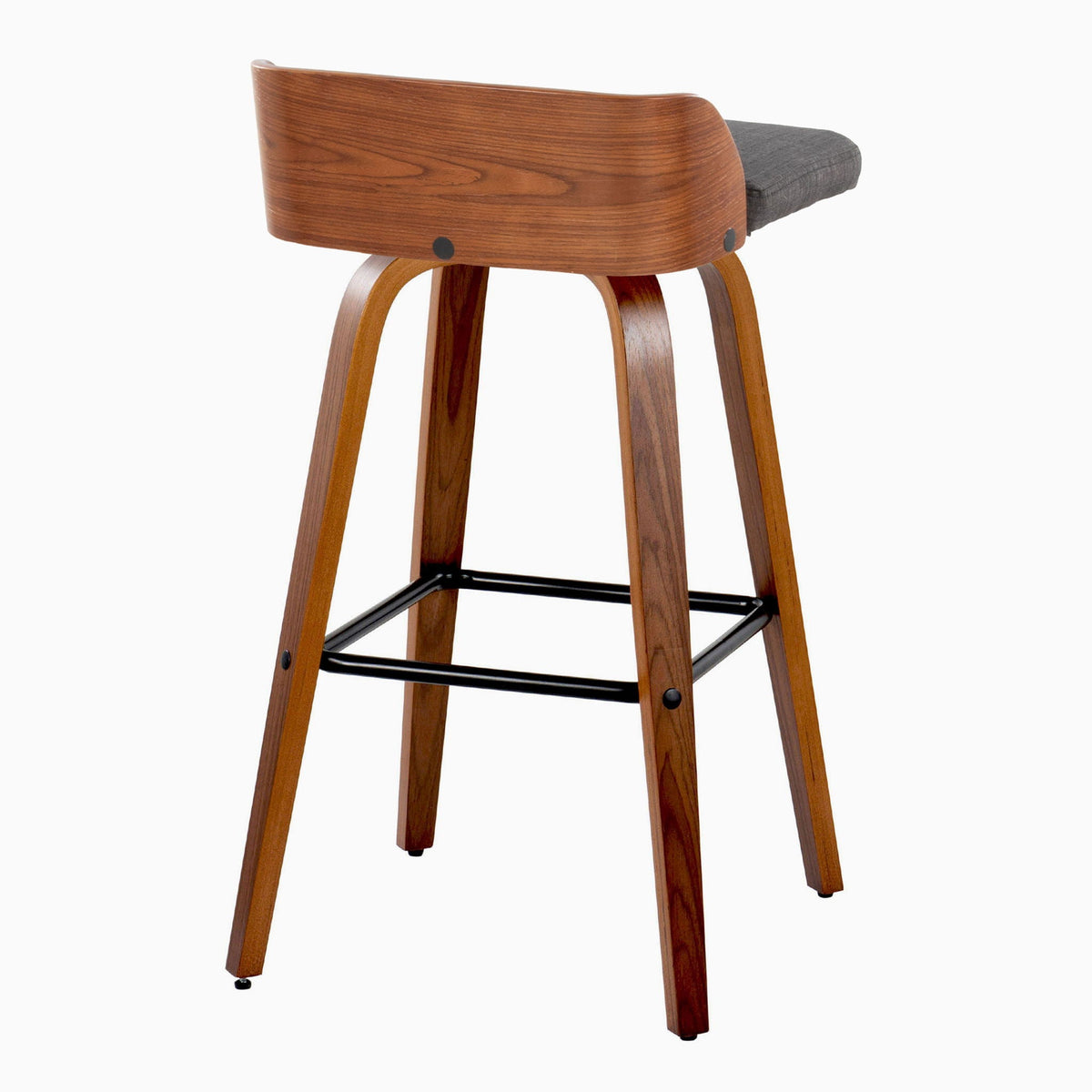 Mid Century Modern Barstool Set with swivel, square footrest and dark gray cushion on Tampa Home & Garden Store
