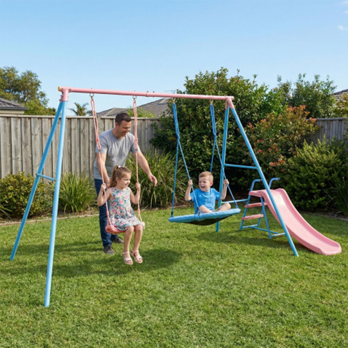 Blue and Pink Outdoor Swing Set with Slide