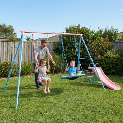 Blue and Pink Outdoor Swing Set with Slide