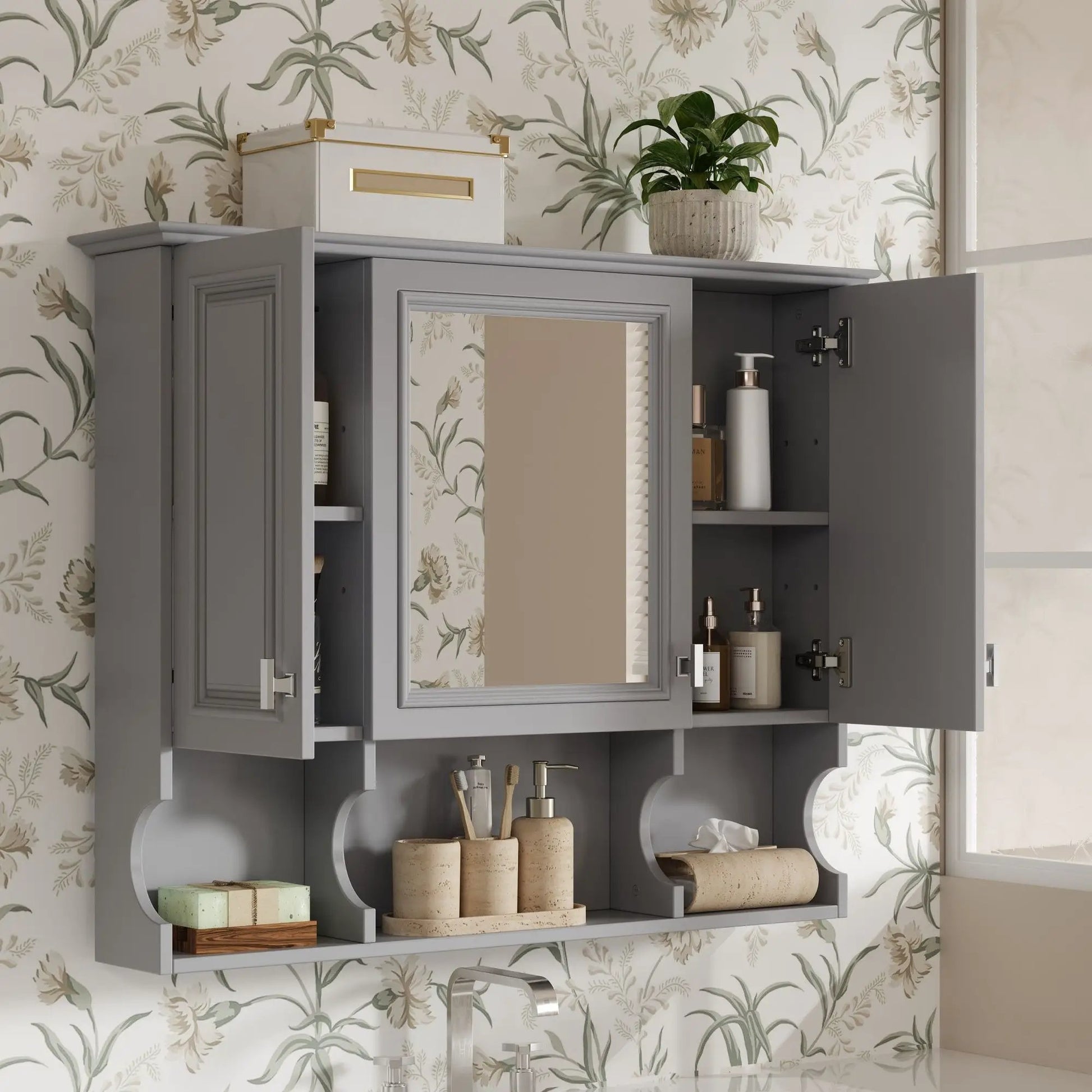 Wall mounted medicine cabinet with mirrored doors gray finish and open shelves on Tampa Home & Garden Store