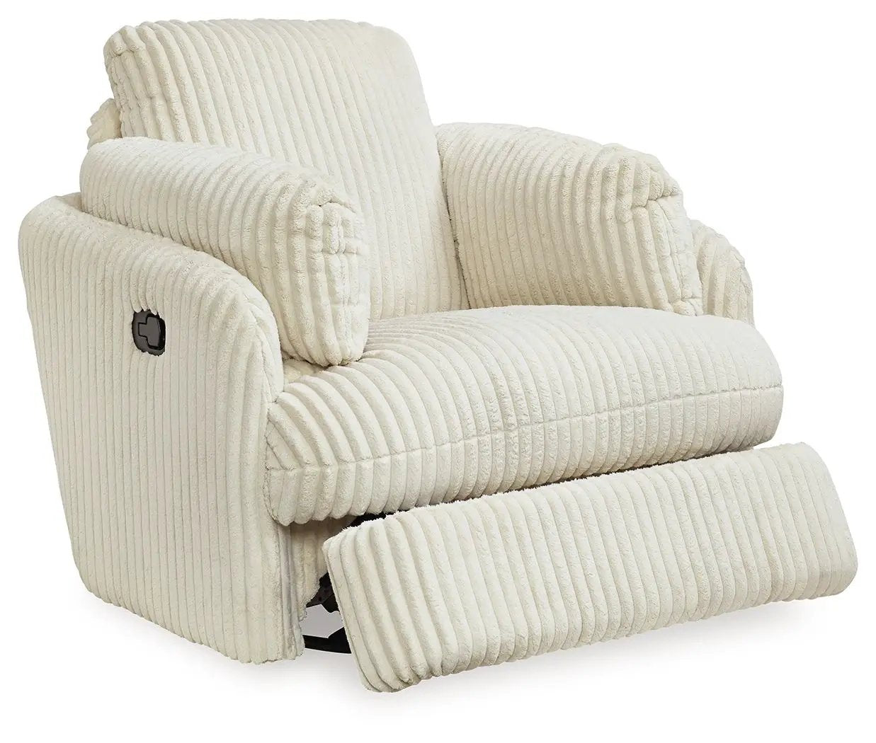 Tie-breaker Swivel Glider Recliner in cream corduroy with plush cushions on Tampa Home & Garden Store