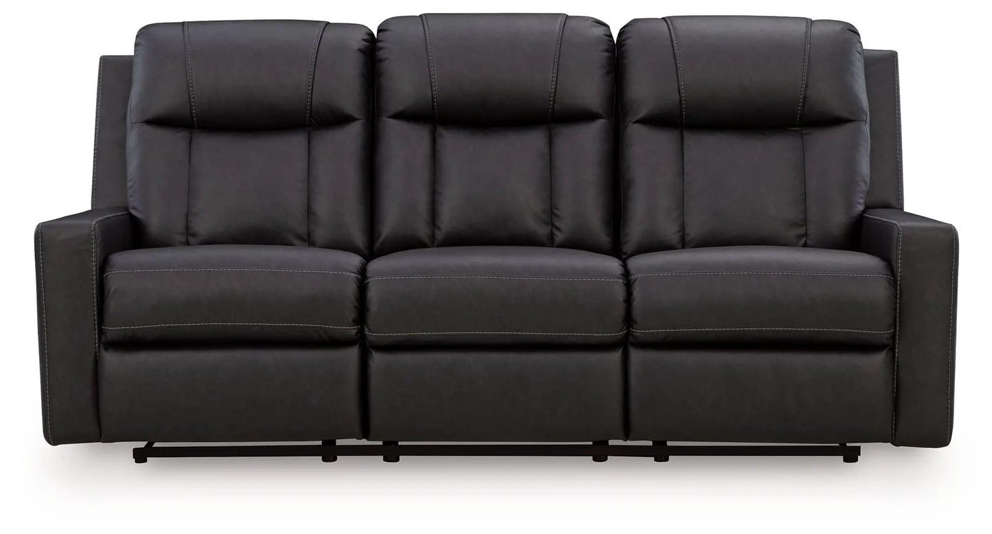 Mackmenville reclining sofa black leather upholstery with contrast stitching, 3-seat design on Tampa Home & Garden Store
