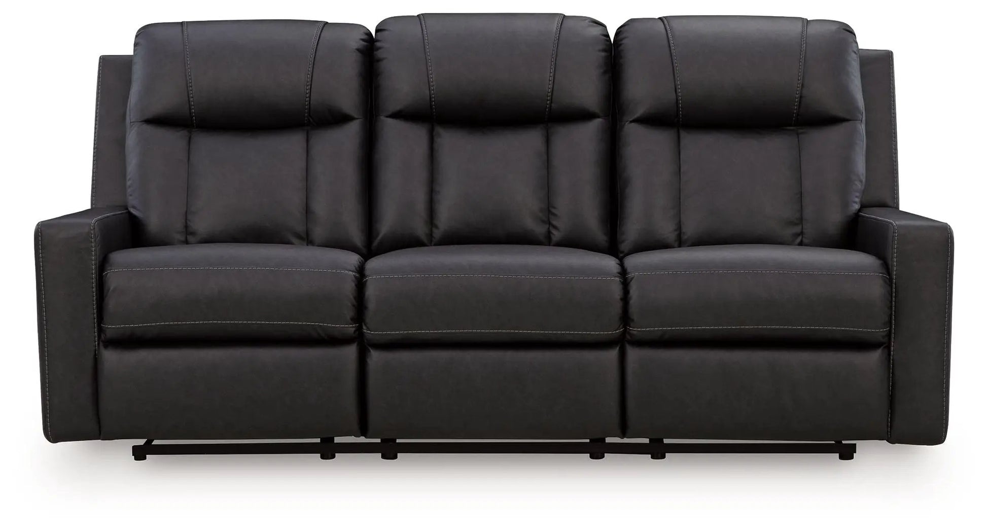 Mackmenville reclining sofa black leather upholstery with contrast stitching, 3-seat design on Tampa Home & Garden Store