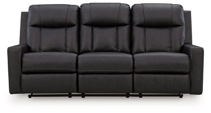 Mackmenville reclining sofa black leather upholstery with contrast stitching, 3-seat design on Tampa Home & Garden Store