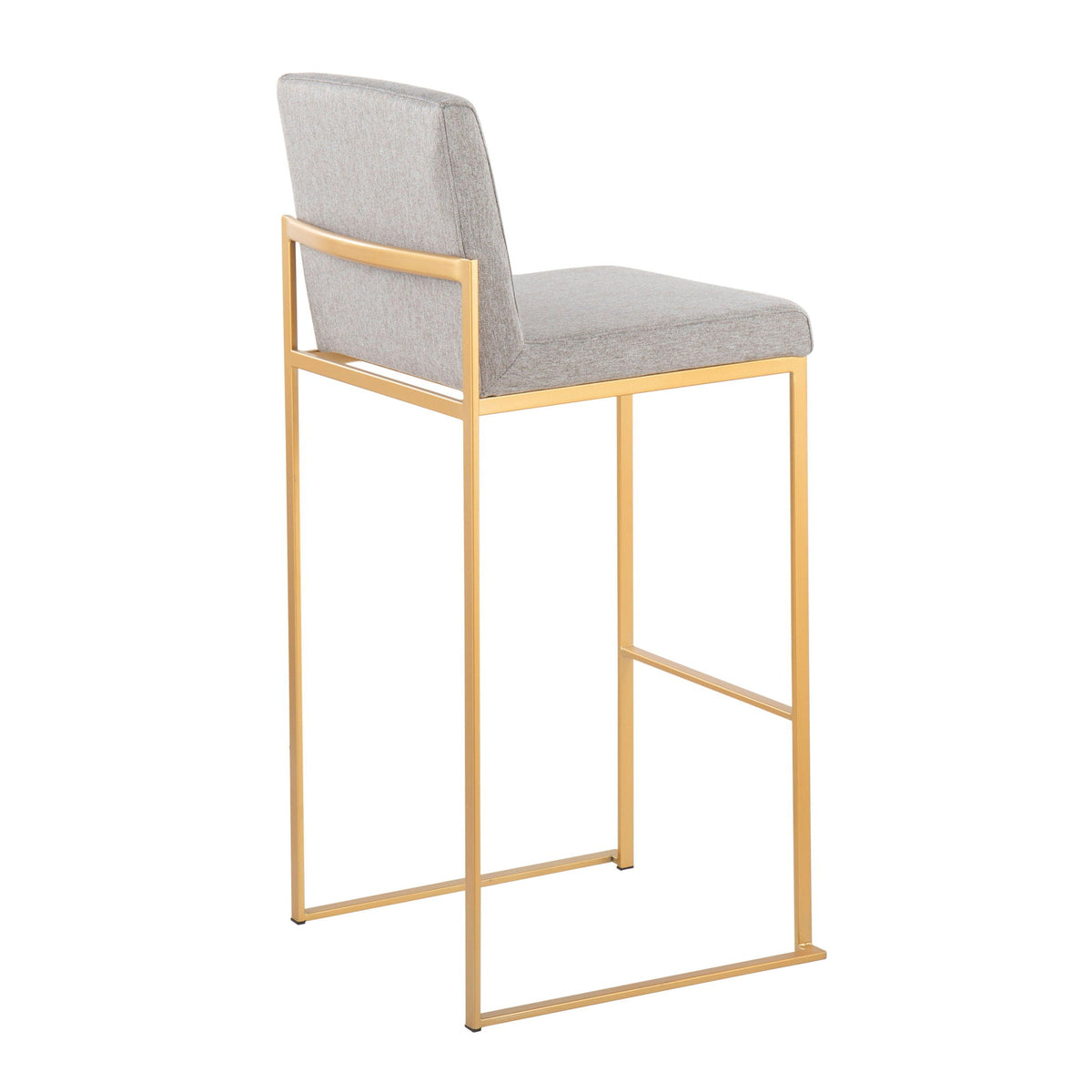 Pair of contemporary high-back bar stools with gray upholstered seats and gold metal frames on Tampa Home & Garden Store