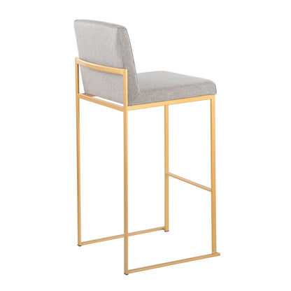 Pair of contemporary high-back bar stools with gray upholstered seats and gold metal frames on Tampa Home & Garden Store