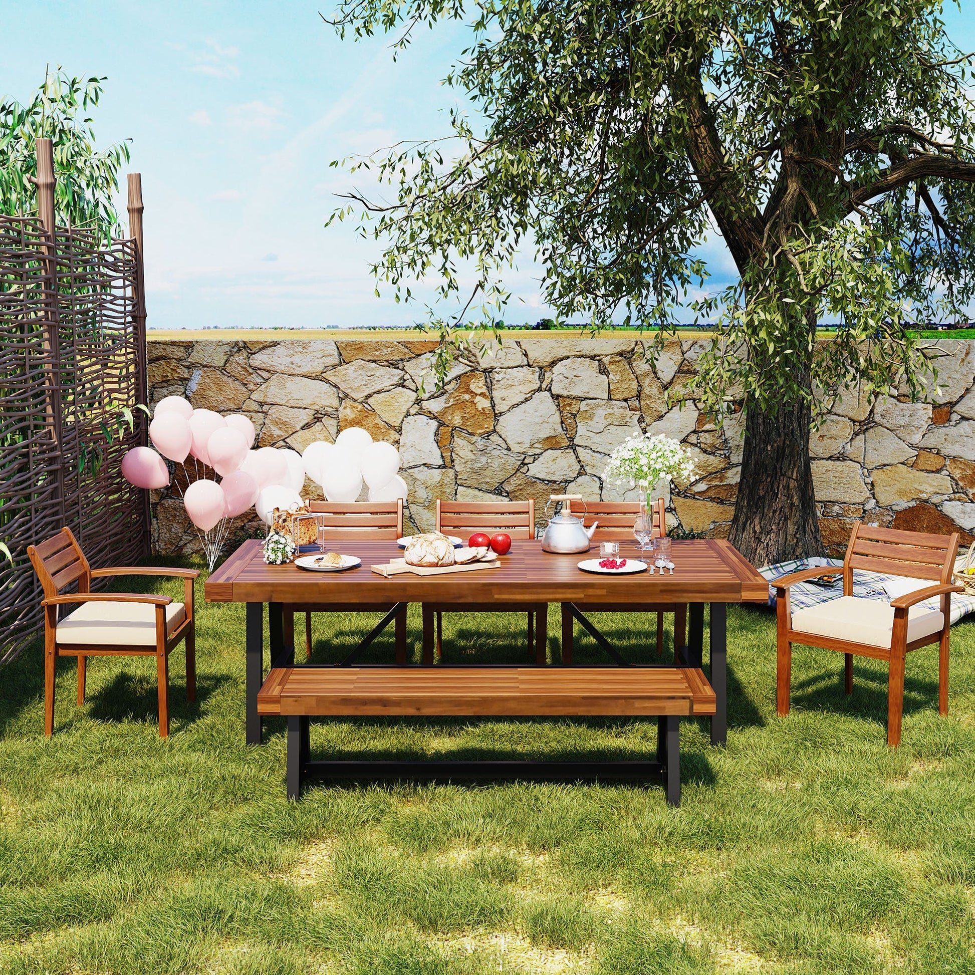 GO Outdoor Wood Dining Set for 7-8 Persons wooden table with bench and chairs in garden on Tampa Home & Garden Store