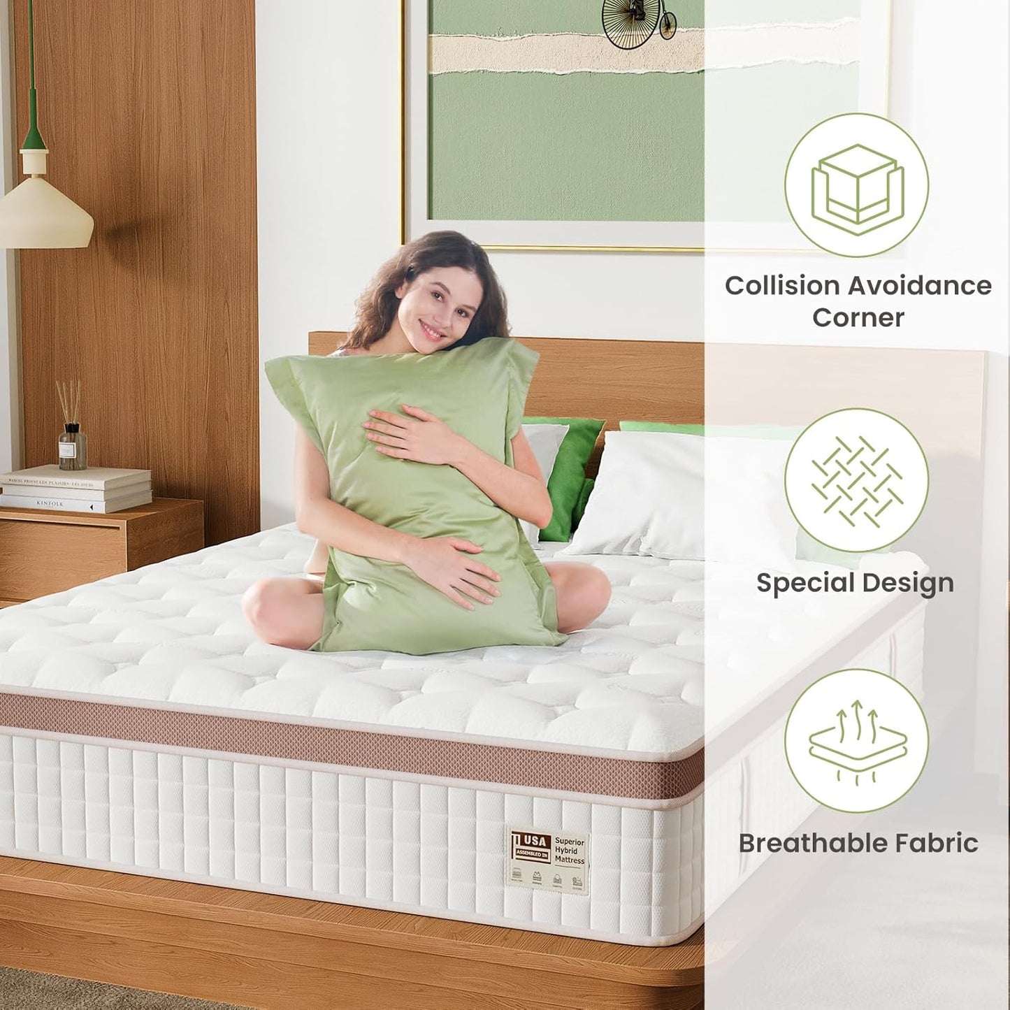 14 Inch Firm Hybrid Mattress Queen Size by HouseOfZazla, white quilted top with brown border on Tampa Home & Garden Store