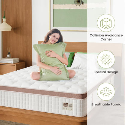 14 Inch Firm Hybrid Mattress Queen Size by HouseOfZazla, white quilted top with brown border on Tampa Home & Garden Store