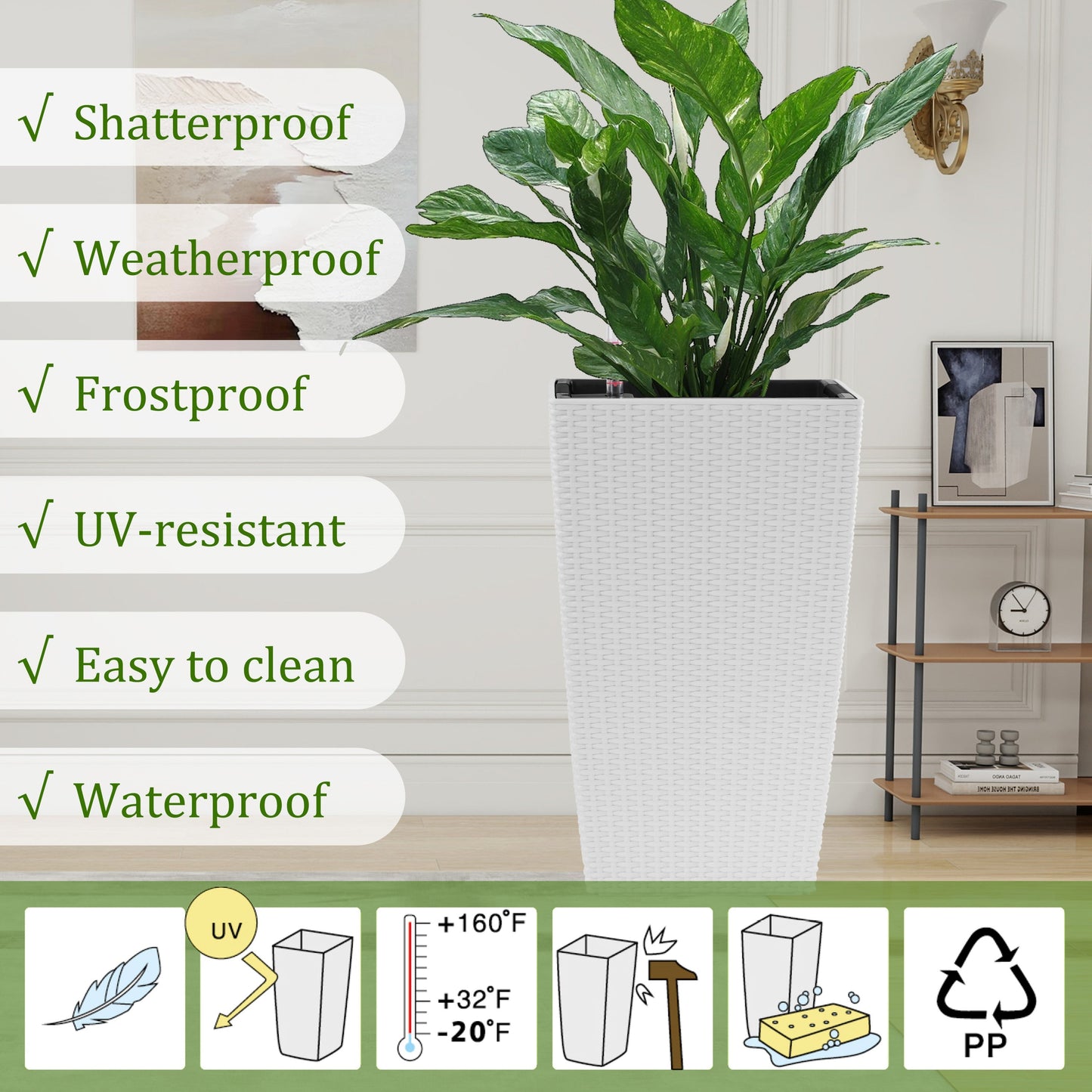 White plastic square planter with faux rattan weave holds a green indoor plant in a room on Tampa Home & Garden Store