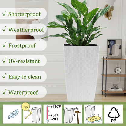 White plastic square planter with faux rattan weave holds a green indoor plant in a room on Tampa Home & Garden Store