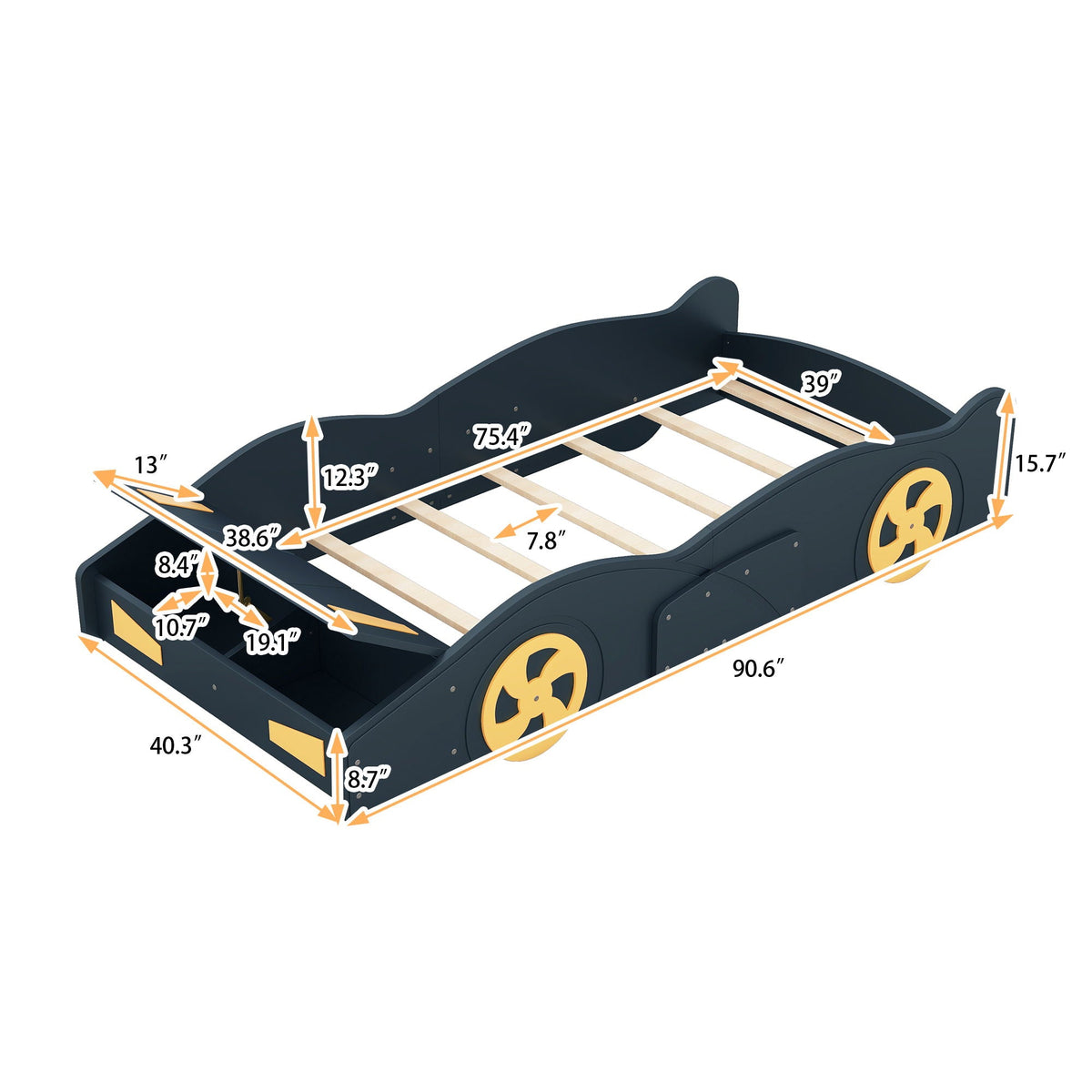 Race car shaped platform bed with wheels and storage in dark navy, by HouseOfZazla on Tampa Home & Garden Store