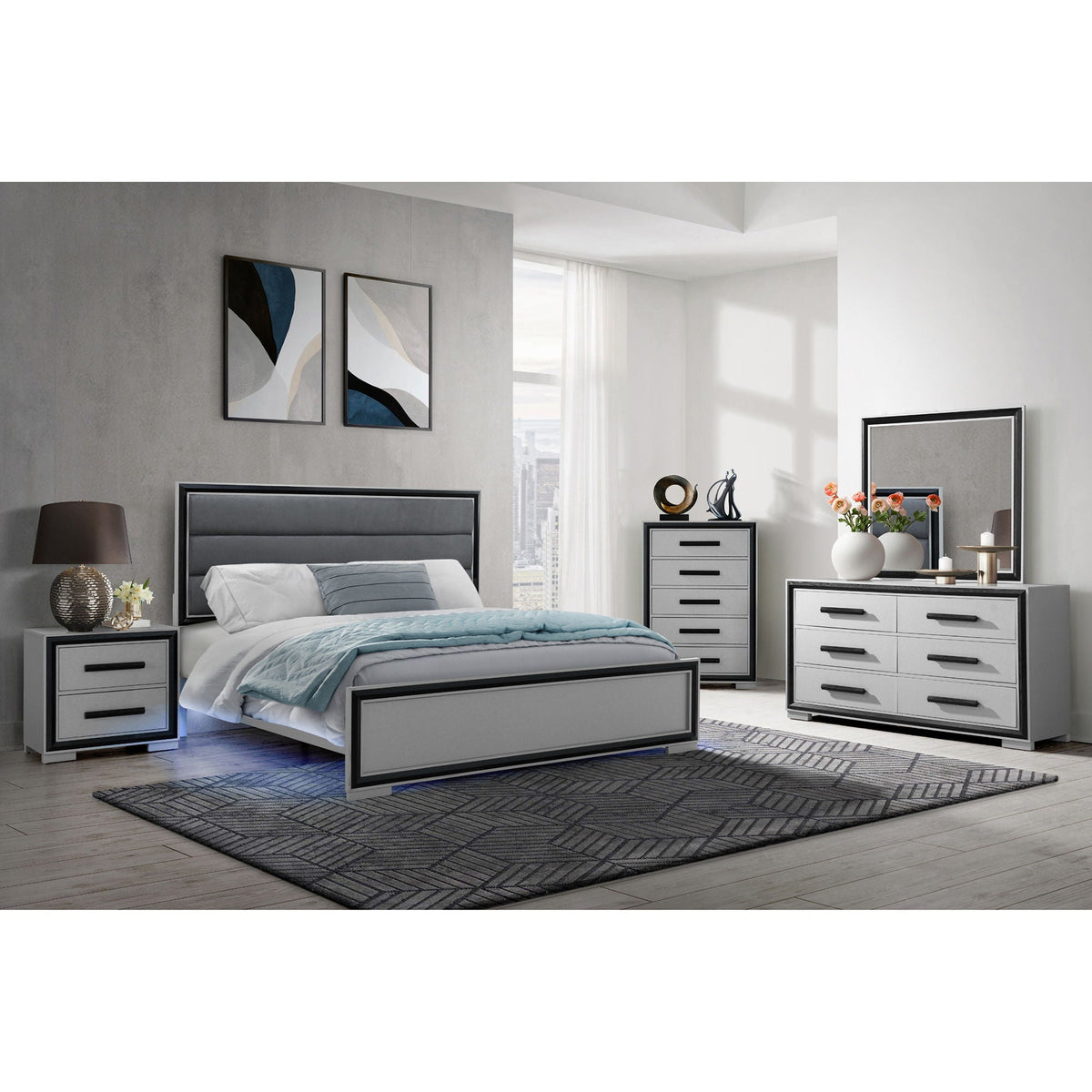 Adelaide LED bed platform with grey upholstered headboard and two nightstands on Tampa Home & Garden Store