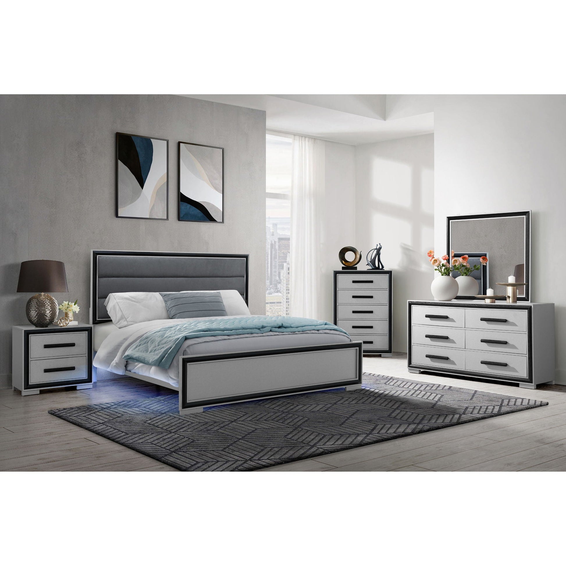 Adelaide LED bed platform with grey upholstered headboard and two nightstands on Tampa Home & Garden Store