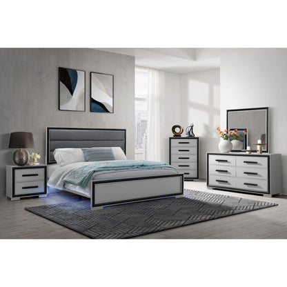 Adelaide LED bed platform with grey upholstered headboard and two nightstands on Tampa Home & Garden Store