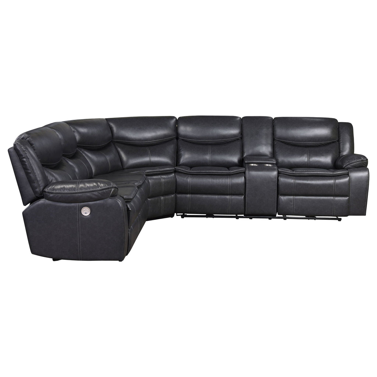 Salerno power reclining sectional sofa in dark gray leather with a center console on Tampa Home & Garden Store
