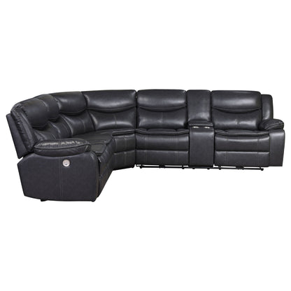 Salerno power reclining sectional sofa in dark gray leather with a center console on Tampa Home & Garden Store