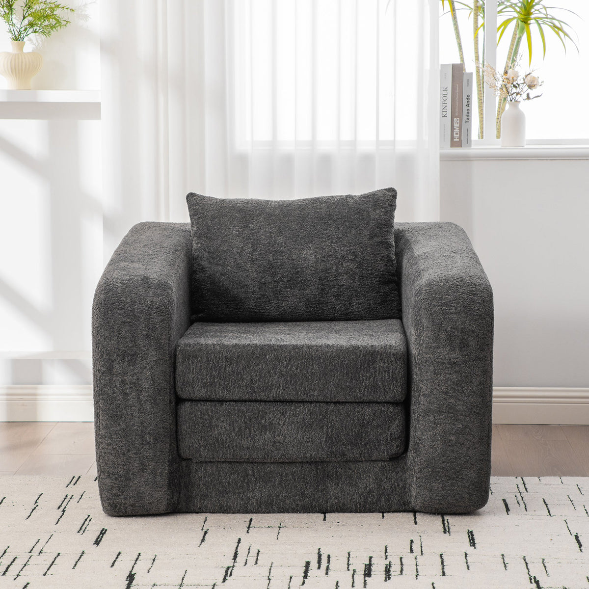 Foldable single sofa bed by HouseOfZazla in charcoal chenille with armrest and backrest on Tampa Home & Garden Store