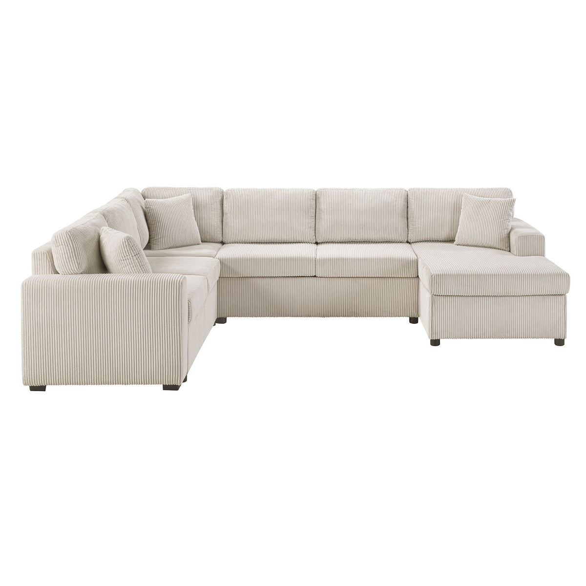 Oversized U-shaped sectional sofa with chaise and three pillows in beige corduroy on Tampa Home & Garden Store