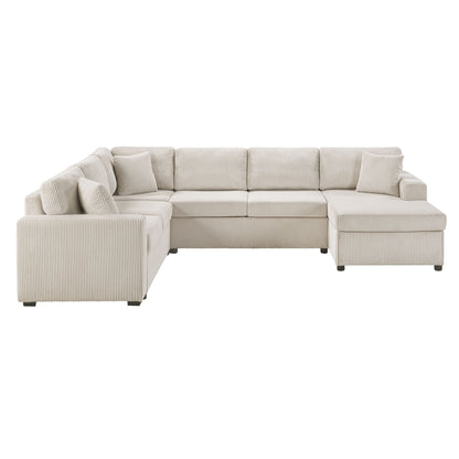 Oversized U-shaped sectional sofa with chaise and three pillows in beige corduroy on Tampa Home & Garden Store