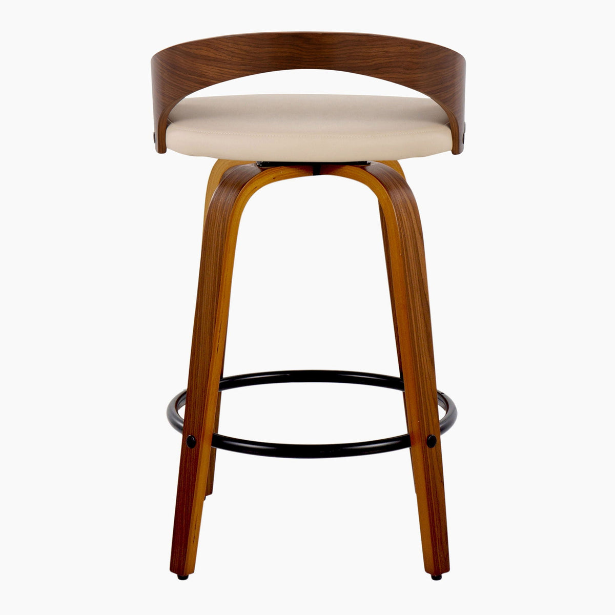 Mid Century Modern counter stools set of 2 with swivel, beige cushion and curved wood back on Tampa Home & Garden Store