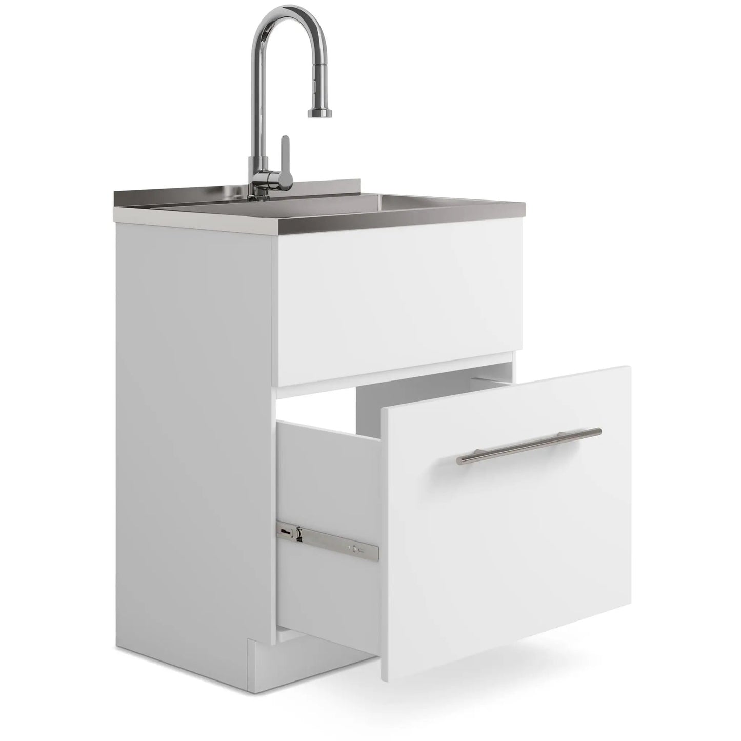 Metro laundry cabinet with faucet and stainless steel sink; chrome faucet, white cabinet on Tampa Home & Garden Store