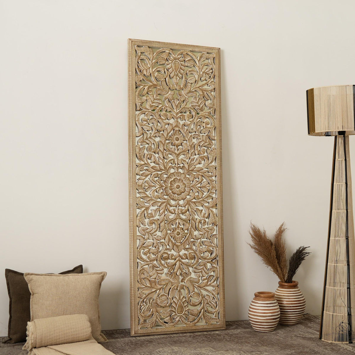 Floral hand-carved mandala rectangle wall decor with mirror in antique brown white finish on Tampa Home & Garden Store