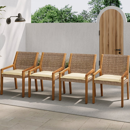 Outdoor dining chair set of 4 with acacia wood frames, wicker backs, cream cushions on Tampa Home & Garden Store