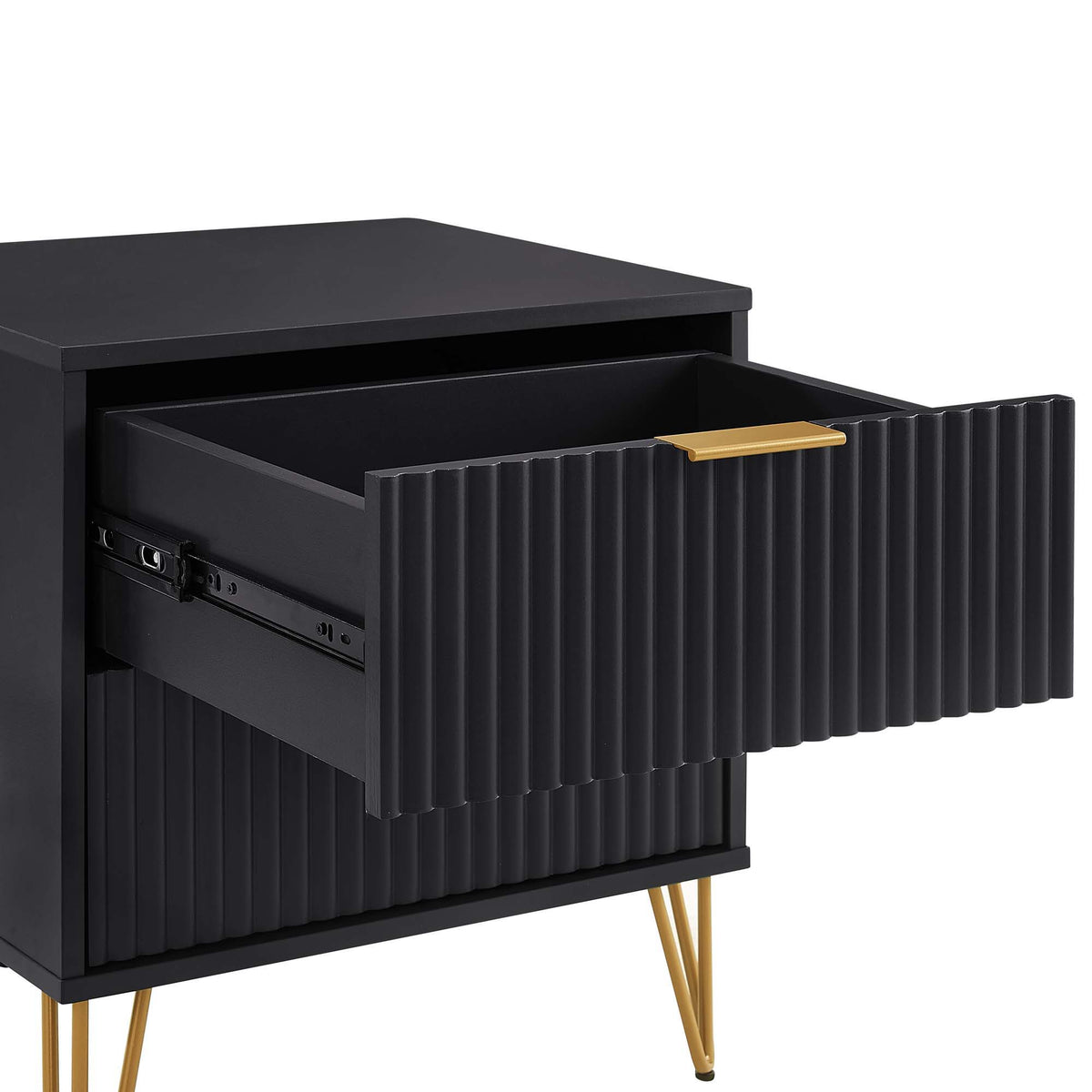 Dumbo nightstand with 2 drawers and fluted front in black, gold handle and legs by HouseOfZazla on Tampa Home & Garden Store