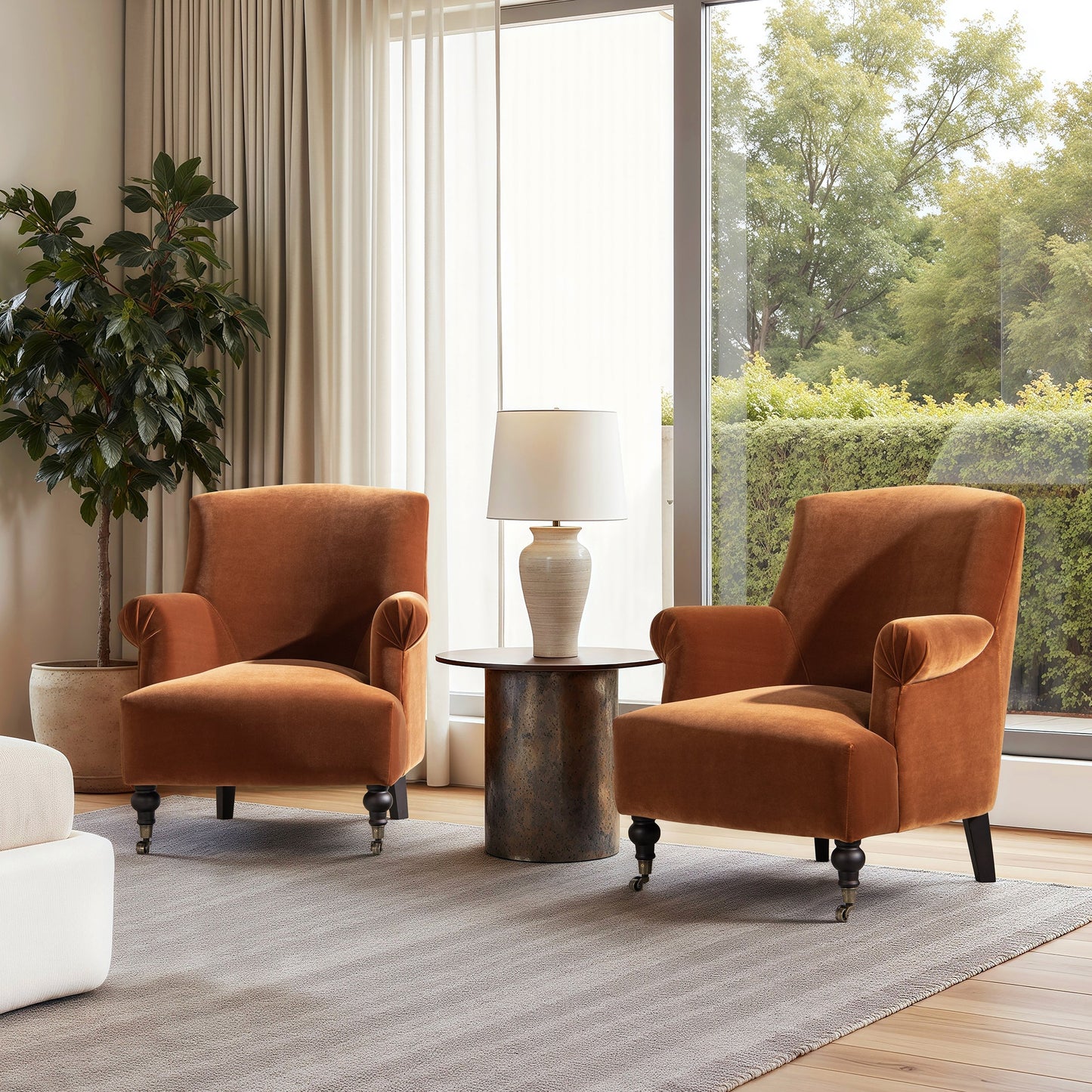Eloise 30' Pleated Sock Arm Accent Armchair Burnt Orange Velvet pair of chairs in a living room on Tampa Home & Garden Store