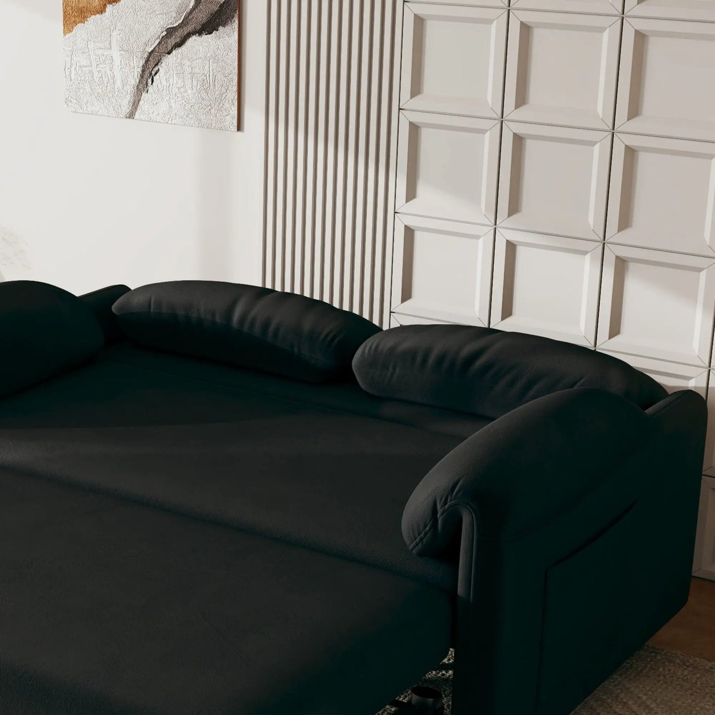 Sofa dual purpose lounge with retractable queen bed, black leather upholstery on Tampa Home & Garden Store