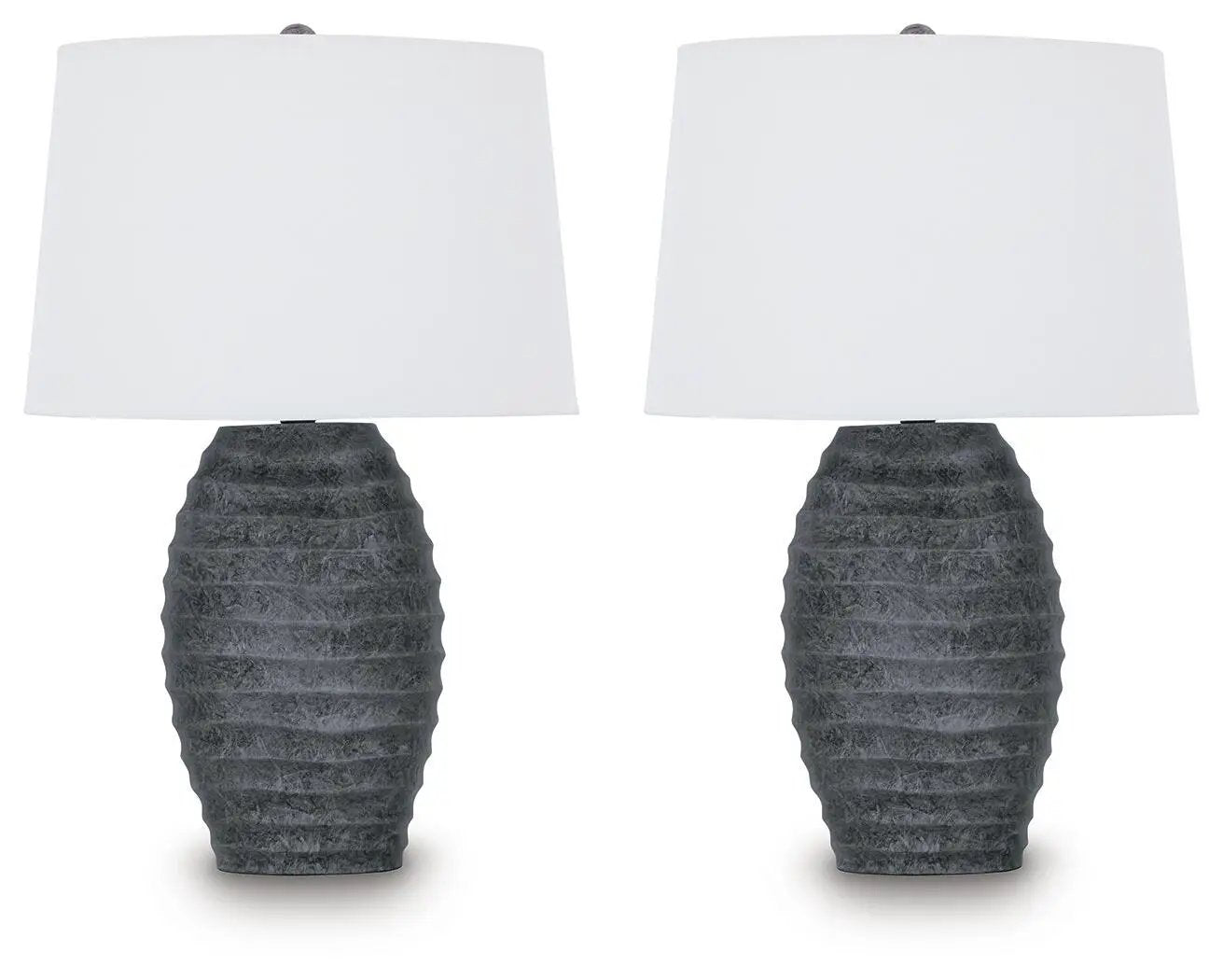 Caronick poly table lamp set of 2 with textured dark gray bases and white drum shades on Tampa Home & Garden Store