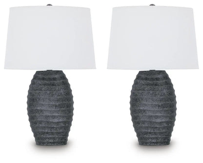 Caronick poly table lamp set of 2 with textured dark gray bases and white drum shades on Tampa Home & Garden Store