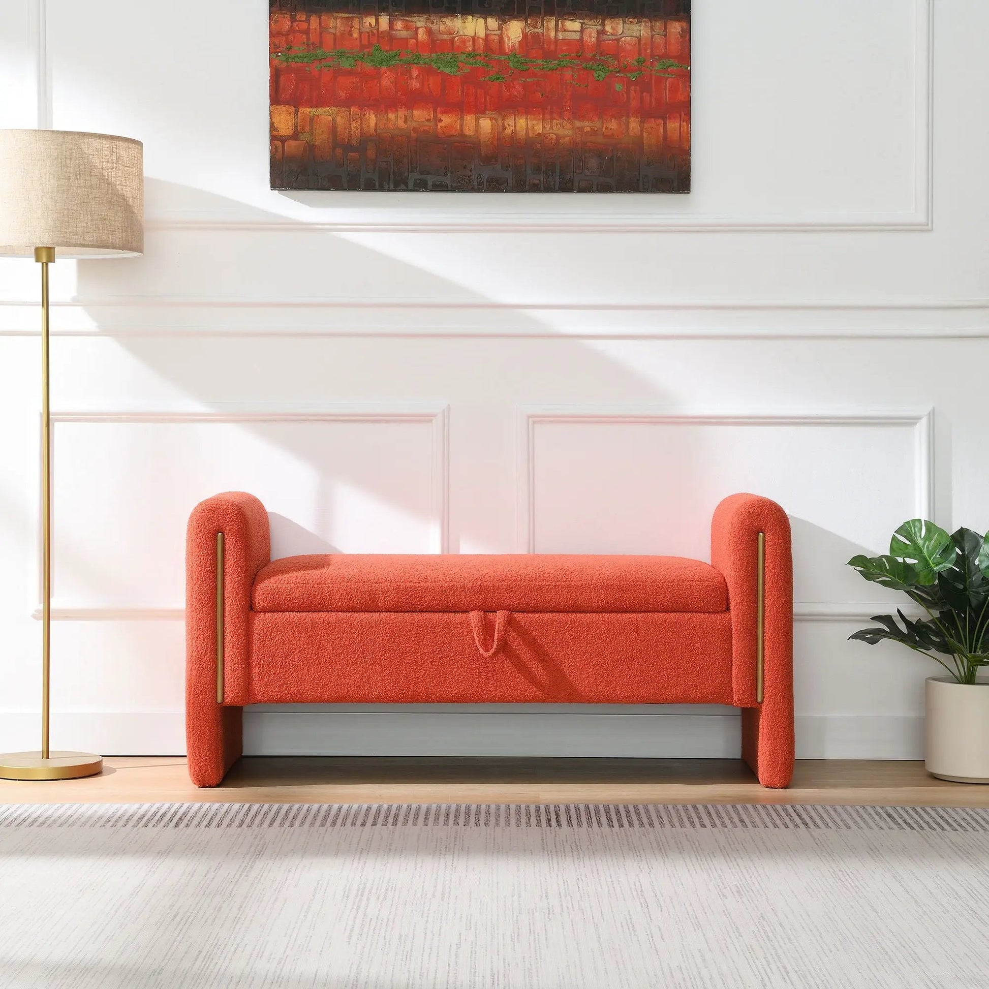 Modern teddy upholstered bed end bench with arms and storage in orange on Tampa Home & Garden Store