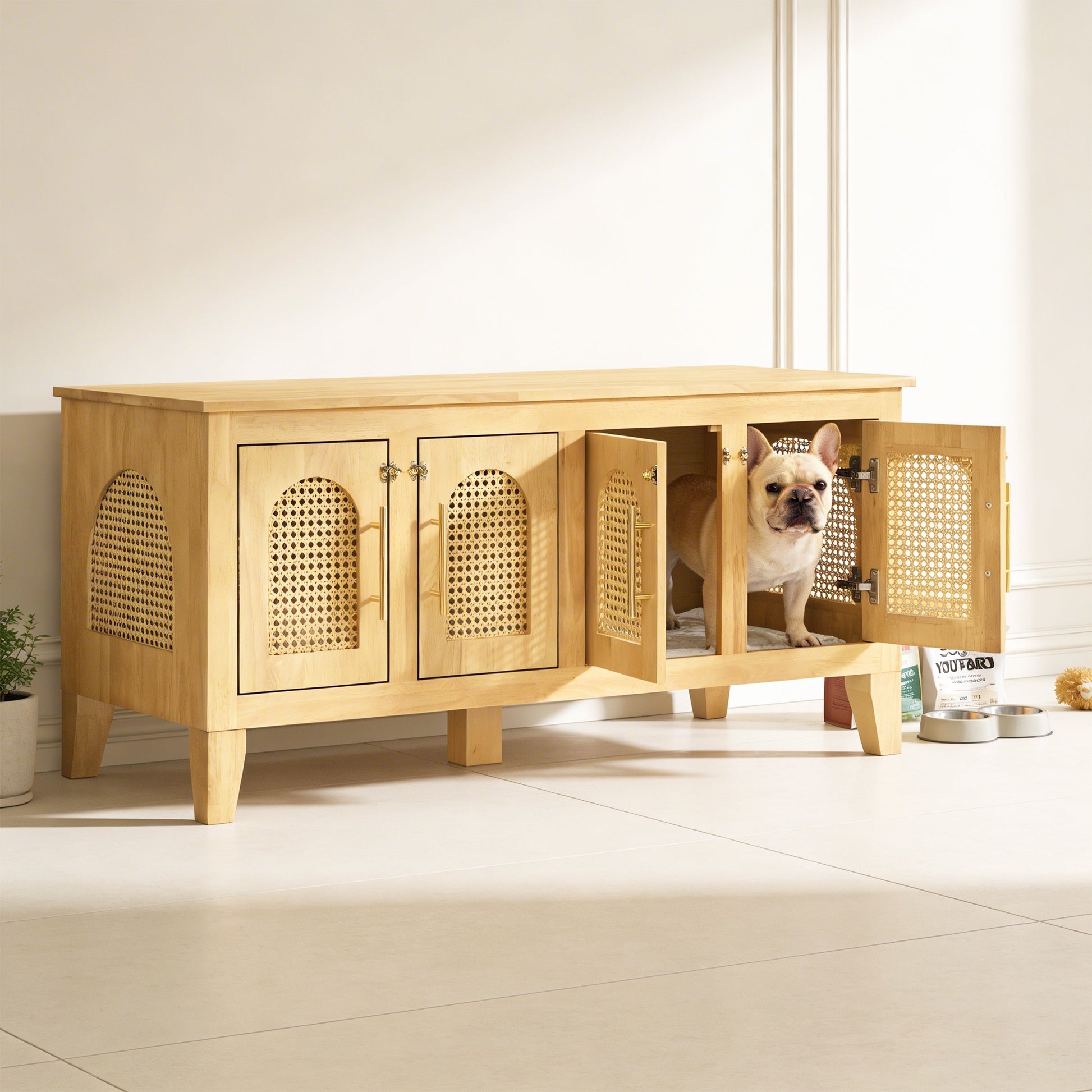 Lars Indoor Rattan Dog Crate Cabinet rubber wood with cane doors; dog in front by HouseOfZazla on Tampa Home & Garden Store