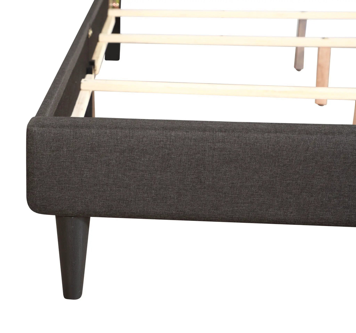 Button tufted upholstered bed in dark charcoal fabric with light wood slats and tapered legs on Tampa Home & Garden Store