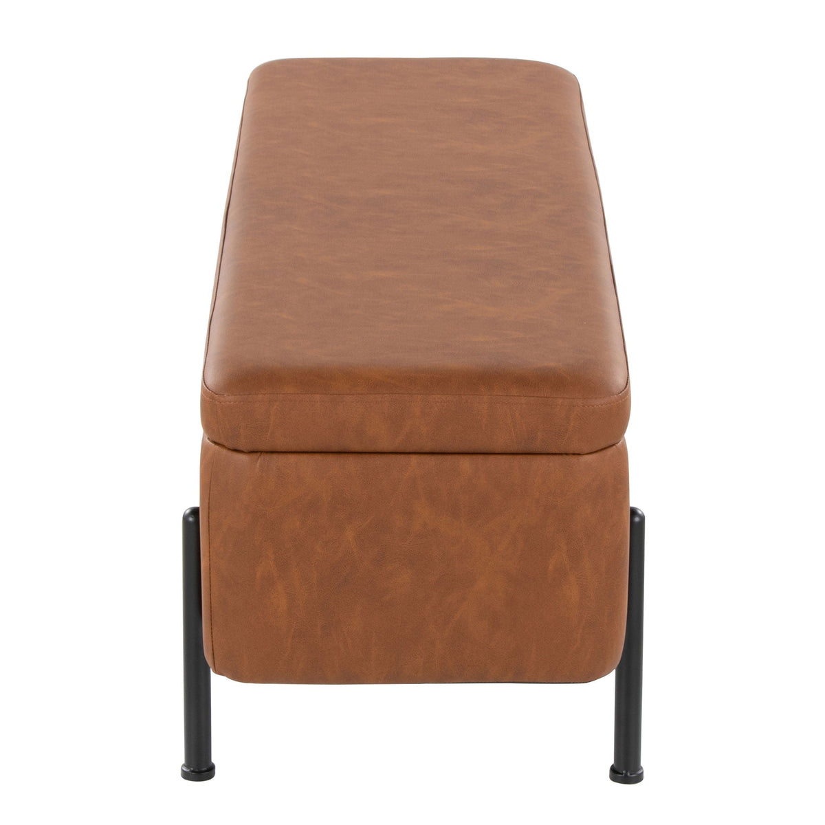 Contemporary storage bench with flip-top storage in camel brown faux leather with metal legs on Tampa Home & Garden Store