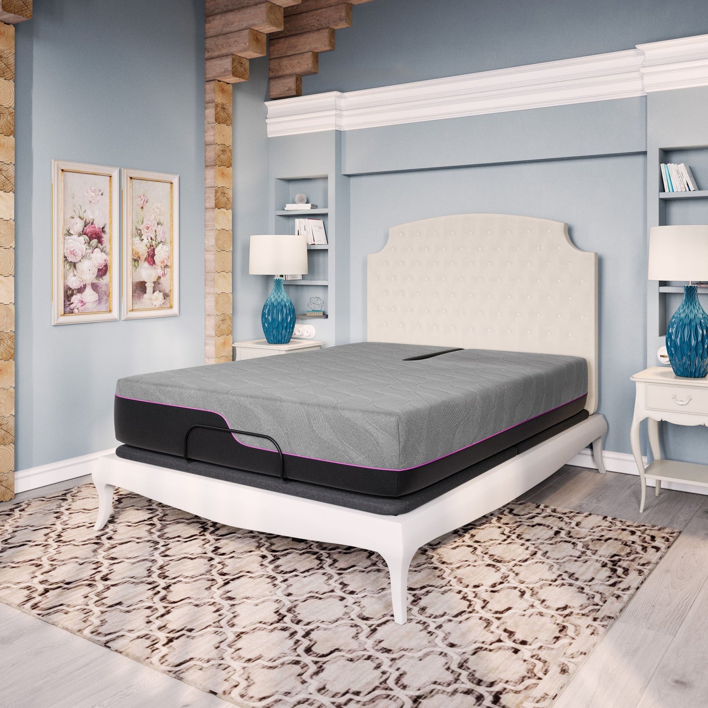 HouseOfZazla 11-inch Renew Flex Memory Foam Mattress gray cover, purple trim in bedroom on Tampa Home & Garden Store