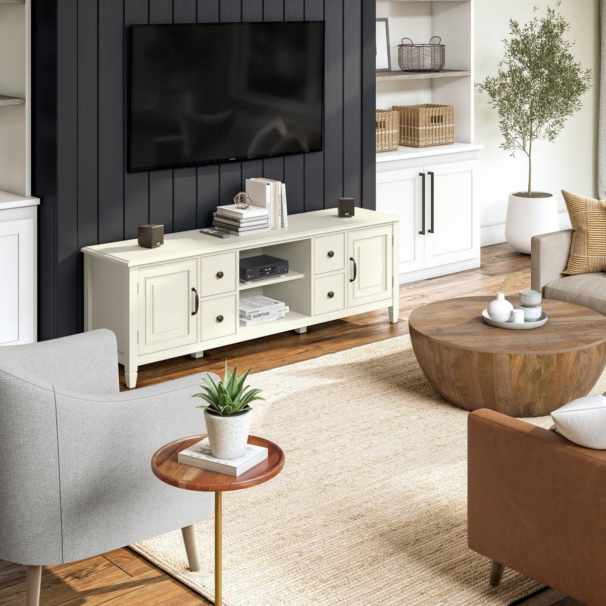 Sturdy solid wood TV stand with wide cream-finish storage, open shelves and drawers on Tampa Home & Garden Store