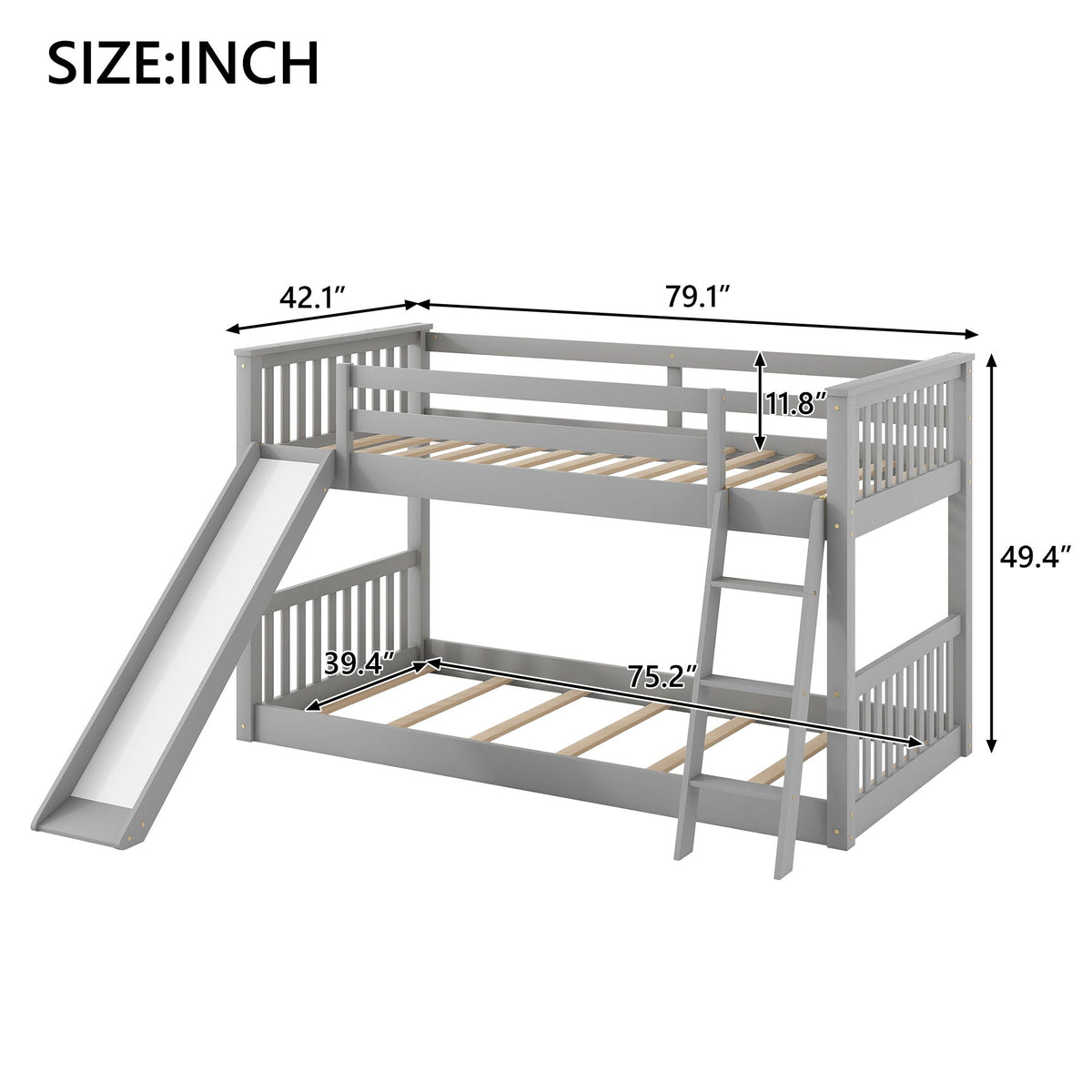 Bunk bed with convertible slide and ladder, gray finish, HouseOfZazla on Tampa Home & Garden Store