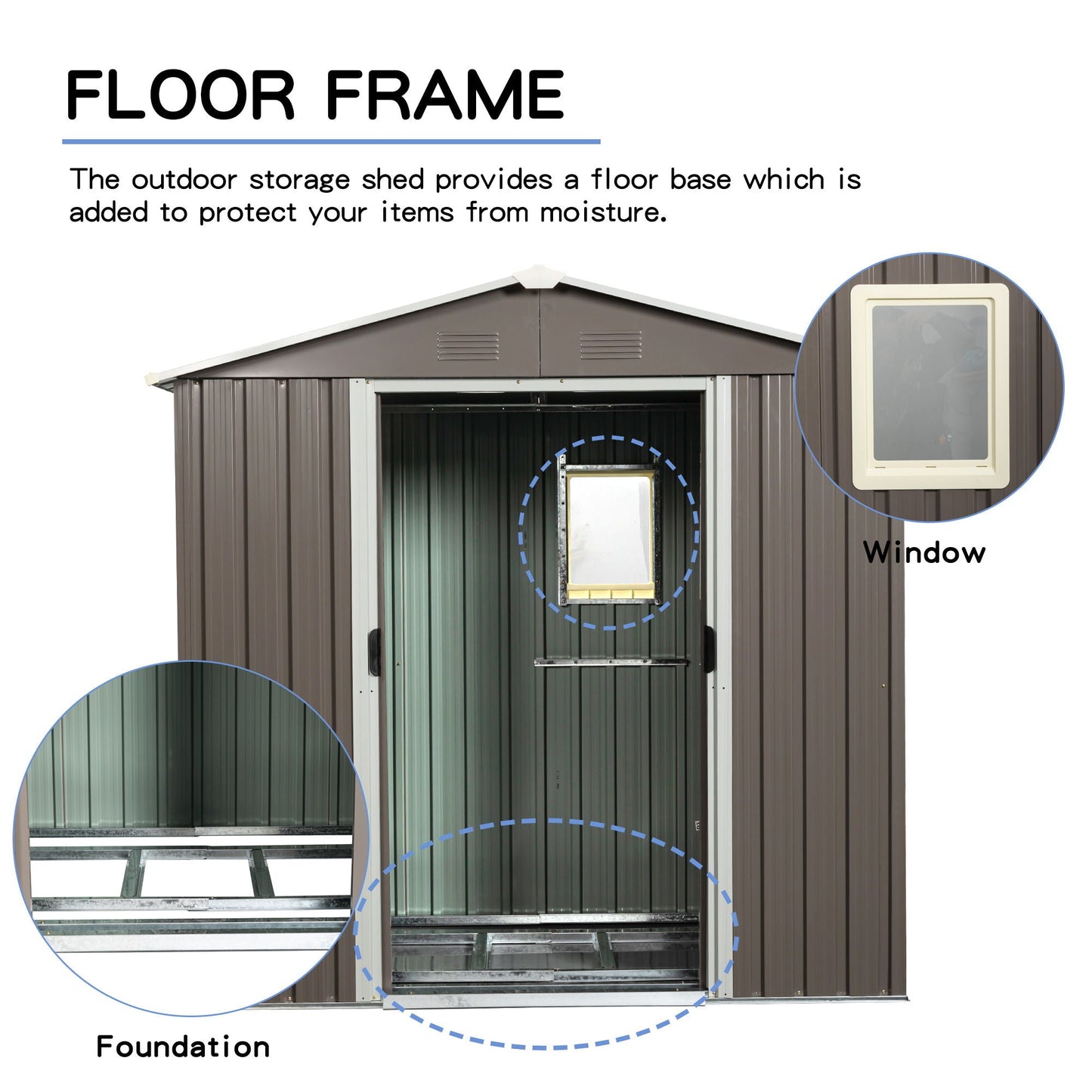 88.98-inch outdoor metal storage shed, brown panels and white-framed window on Tampa Home & Garden Store