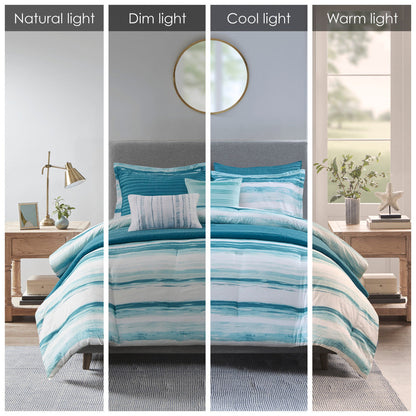 8 Piece Aqua Seersucker Comforter and Quilt Set