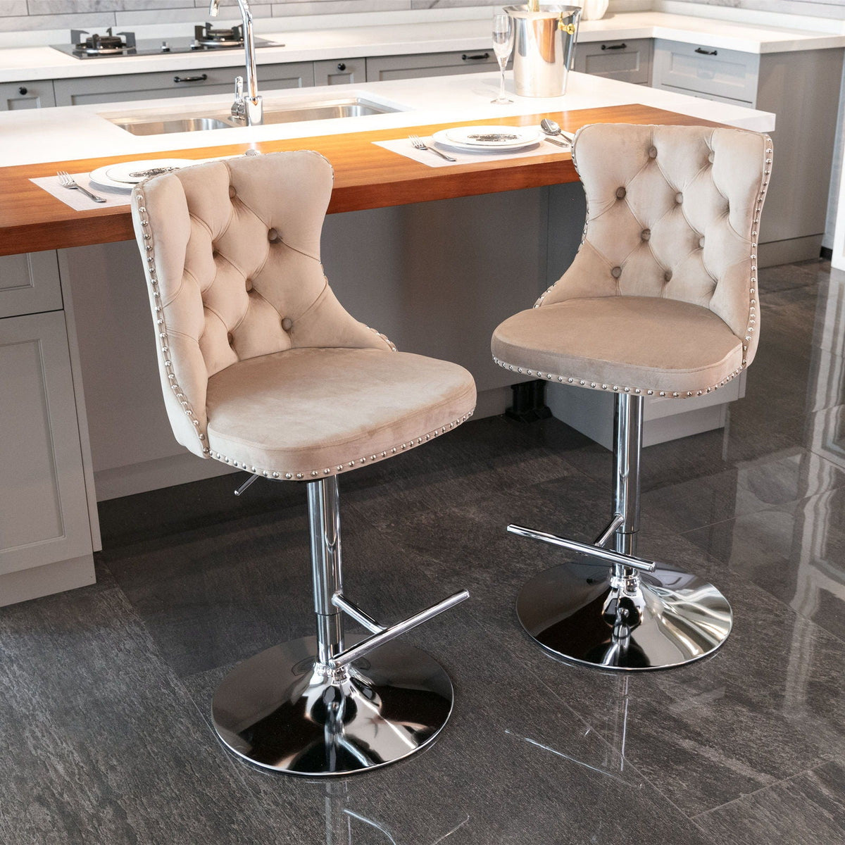 HouseOfZazla beige tufted swivel barstools set of 2 with chrome pedestal bases and nailhead trim on Tampa Home & Garden Store