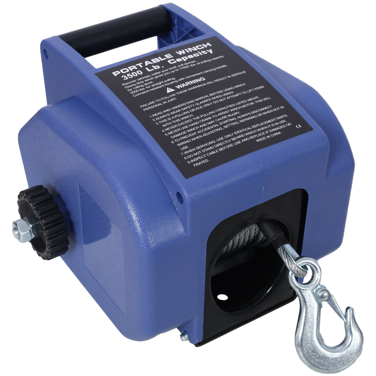 Blue reversible 12V trailer winch with galvanized wire rope and hook on Tampa Home & Garden Store