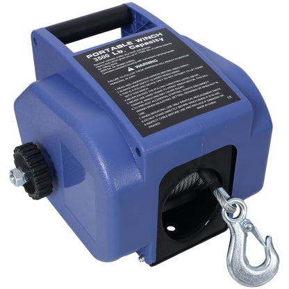 Blue reversible 12V trailer winch with galvanized wire rope and hook on Tampa Home & Garden Store
