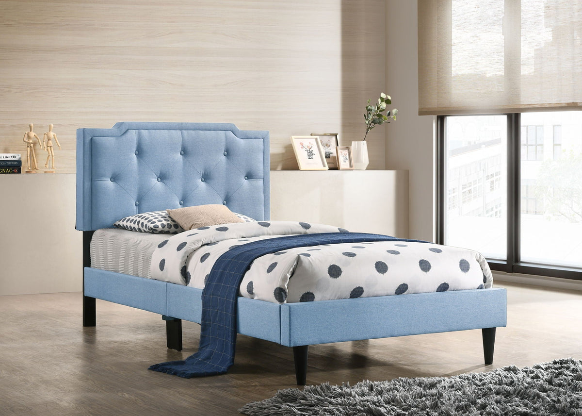 Button Tufted Bed in blue upholstered fabric with tufted headboard and black legs on Tampa Home & Garden Store